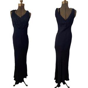 Vintage Notations Dress Medium Black Long 90s Beaded Gown Formal Sheath 1990s
